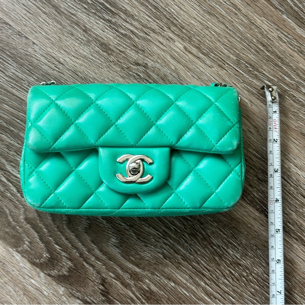 Chanel Extra Mini Flap Bag Turquoise Green Single Flap Lambskin Quilted Leather - Picture 13 of 15